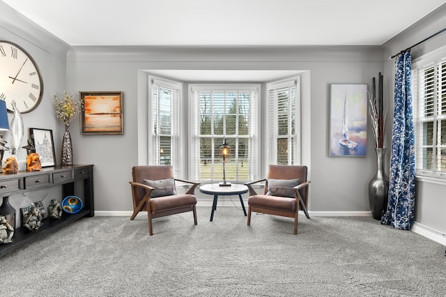 sitting room featuring baseboards, carpet floors, and a healthy amount of sunlight