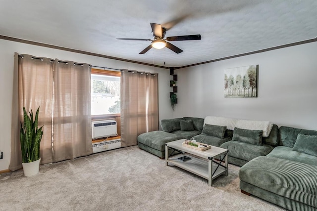 carpeted living room featuring ornamental molding, baseboard heating, cooling unit, and a ceiling fan