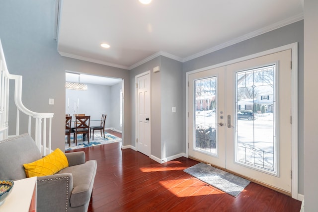 entryway with recessed lighting, baseboards, french doors, dark wood finished floors, and crown molding