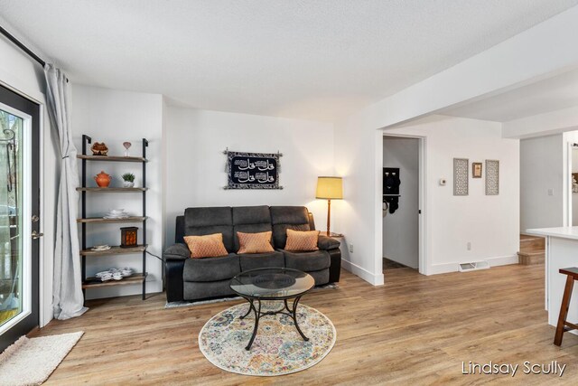 living room with visible vents, baseboards, and light wood-style floors