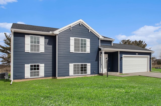 tri-level home featuring a garage, central AC unit, and a front lawn