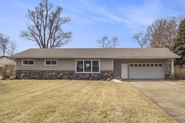 ranch-style house with roof with shingles, an attached garage, stone siding, driveway, and a front lawn