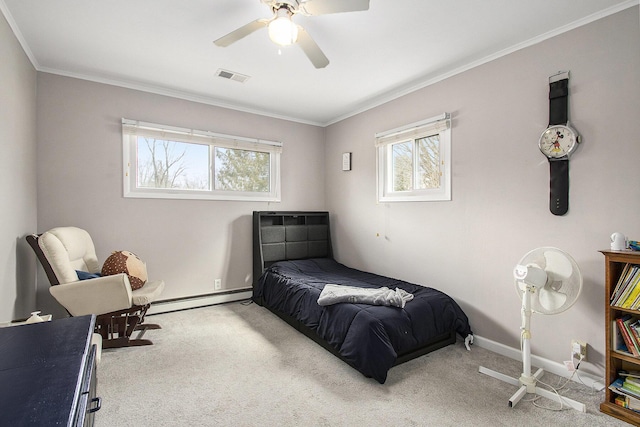 bedroom featuring carpet flooring, visible vents, baseboards, baseboard heating, and crown molding