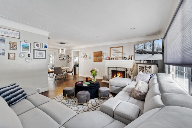 living area with a fireplace with flush hearth, wood finished floors, and baseboards