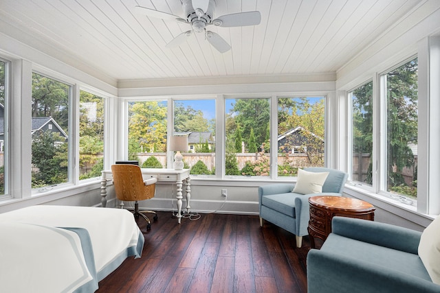 sunroom featuring ceiling fan, a wealth of natural light, and wood ceiling