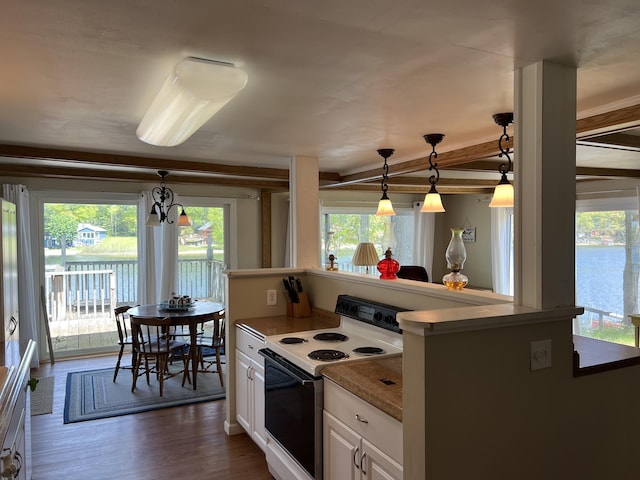 5274 N Bahr Dr Unit 14, Irons, MI 49644 - kitchen featuring white electric stove, white cabinetry, dark wood-style flooring, and hanging light fixtures