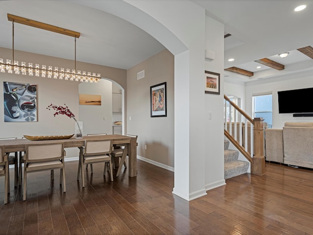 dining area with recessed lighting, baseboards, stairway, dark wood-style floors, and beamed ceiling