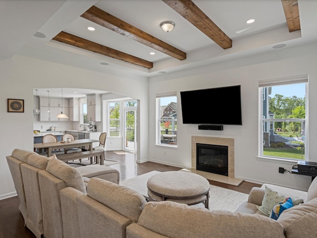 living area featuring a premium fireplace, wood finished floors, beam ceiling, and baseboards