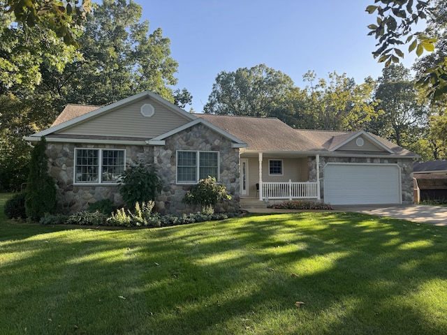 ranch-style home featuring an attached garage, covered porch, driveway, and a front lawn