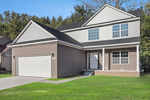 traditional-style house featuring brick siding, a shingled roof, a garage, driveway, and a front lawn