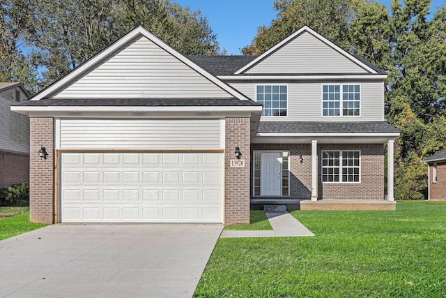 traditional home featuring driveway, a shingled roof, an attached garage, a front lawn, and brick siding