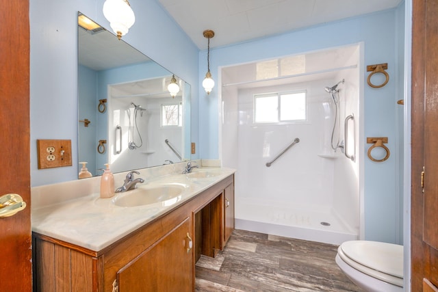 bathroom featuring toilet, a wealth of natural light, a shower, and a sink