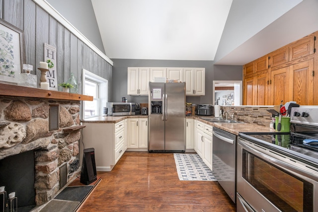 kitchen featuring lofted ceiling, dark wood-style floors, stainless steel appliances, and a sink