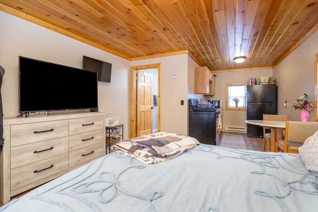 bedroom with a baseboard heating unit, wood ceiling, and freestanding refrigerator