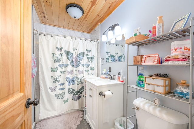 bathroom featuring toilet, wooden ceiling, a shower with curtain, and vanity