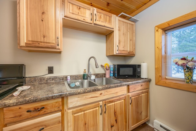 kitchen with dark countertops, a baseboard heating unit, black microwave, and a sink