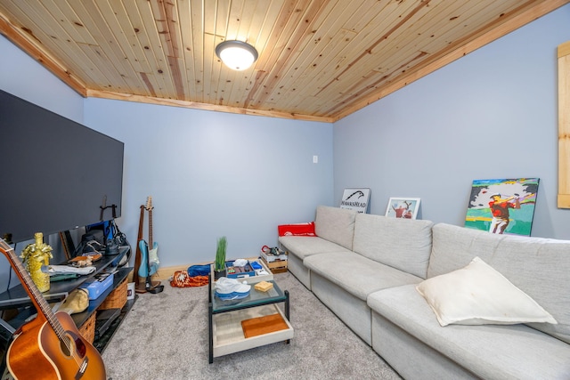 living area with carpet floors, wooden ceiling, and ornamental molding