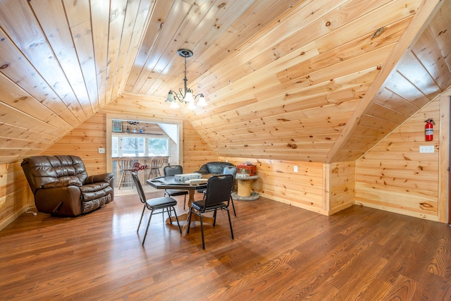 dining room featuring wooden ceiling, wooden walls, and dark wood-type flooring