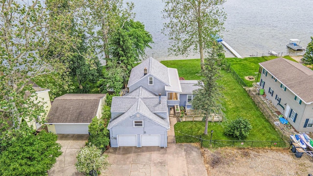 drone / aerial view featuring a water view