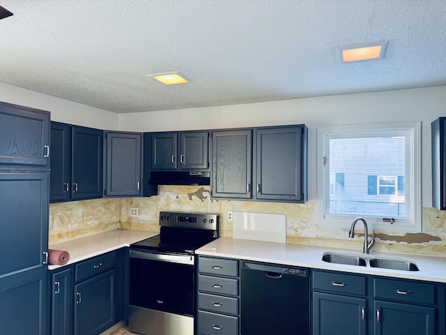 kitchen with dishwasher, stainless steel electric range oven, light countertops, under cabinet range hood, and a sink