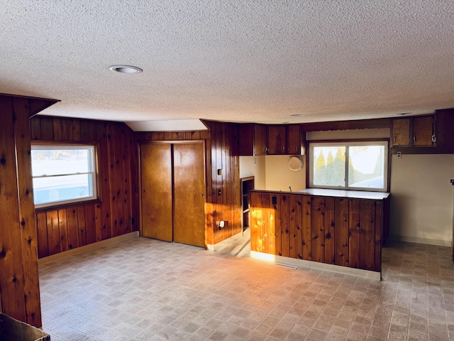 kitchen with a peninsula, light floors, plenty of natural light, and wooden walls