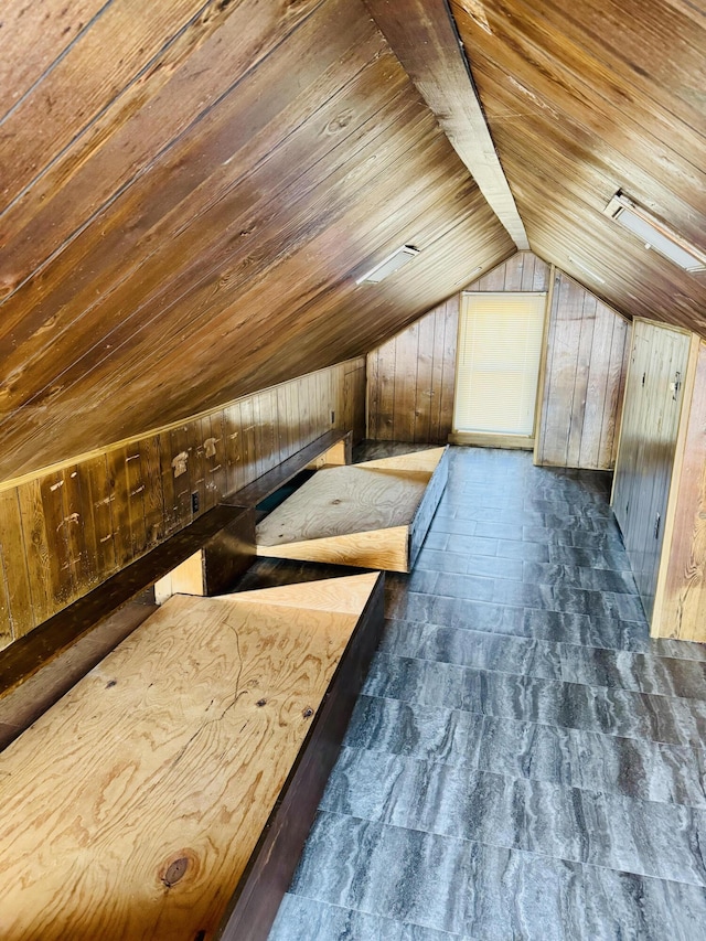 additional living space with lofted ceiling, wooden ceiling, and wooden walls