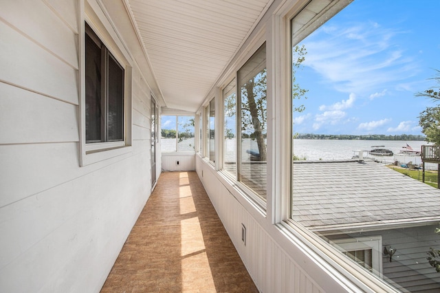 interior space with a water view