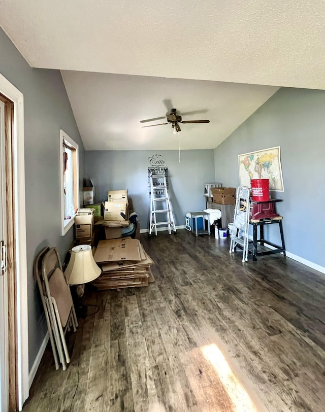 misc room with dark wood-style floors, vaulted ceiling, and baseboards