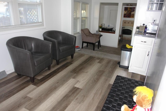 living area with dark wood-style floors, plenty of natural light, and a fireplace