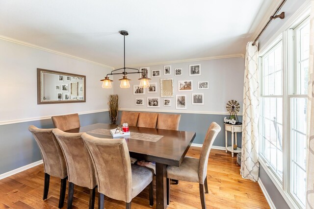 7504 Wiczer Dr, Whitehall, MI 49461 - dining space featuring light wood-style flooring, baseboards, and crown molding