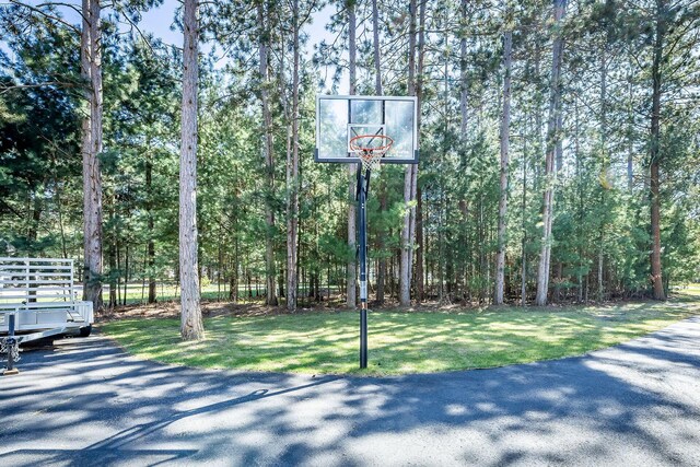 7504 Wiczer Dr, Whitehall, MI 49461 - view of patio with basketball hoop and a wooded view