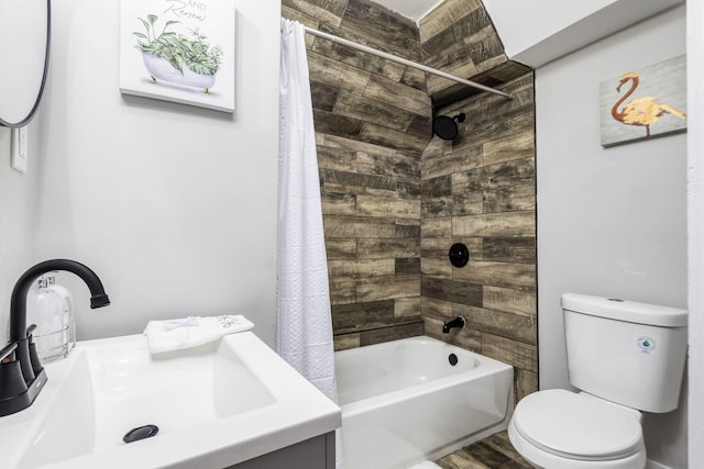 bathroom featuring shower / bath combination with curtain, wood finished floors, a sink, and toilet