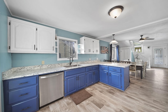 kitchen featuring a sink, white cabinetry, blue cabinetry, dishwasher, and open shelves