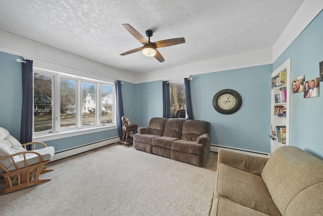 carpeted living room featuring a baseboard heating unit, ceiling fan, and a textured ceiling