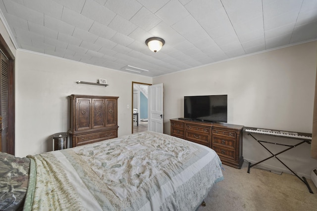 bedroom featuring crown molding and light colored carpet