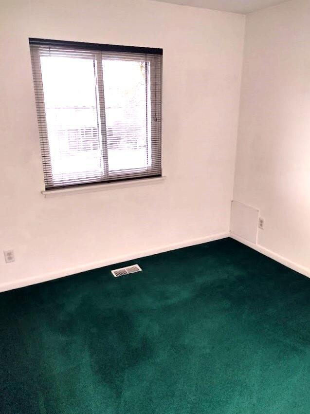 empty room featuring carpet flooring, visible vents, and baseboards