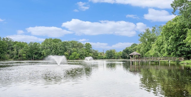 view of water feature featuring a gazebo and a view of trees