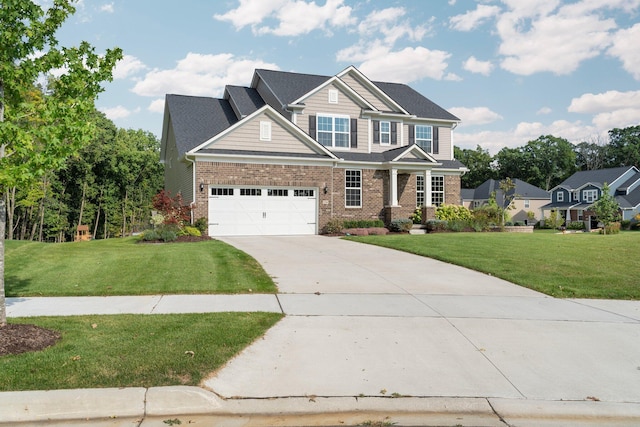 craftsman inspired home featuring driveway, a garage, brick siding, a residential view, and a front yard