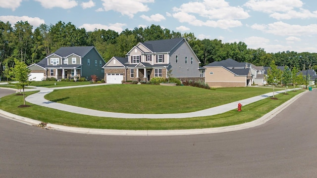 view of front facade featuring stone siding, driveway, a front yard, and a residential view