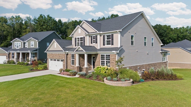 craftsman house featuring concrete driveway, brick siding, an attached garage, and a front lawn