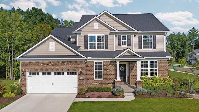 view of front of property featuring brick siding, a shingled roof, concrete driveway, an attached garage, and a front lawn