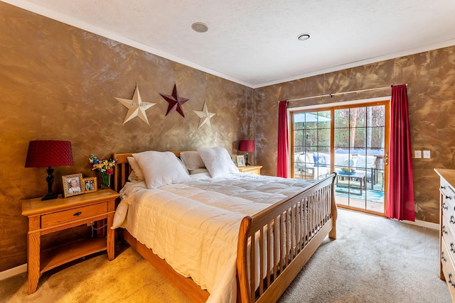 7016 Hyde Park Rd, Whitehall, MI 49461 - bedroom featuring access to outside, carpet floors, ornamental molding, baseboards, and wallpapered walls