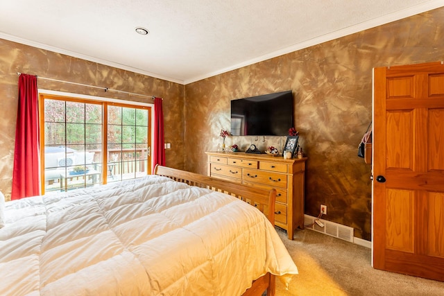 7016 Hyde Park Rd, Whitehall, MI 49461 - bedroom featuring access to exterior, crown molding, light colored carpet, and baseboards