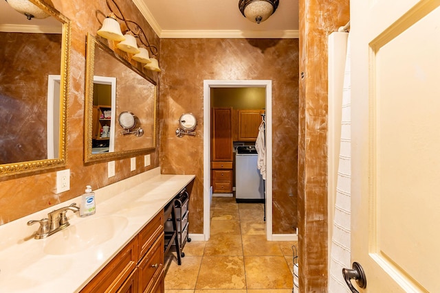 7016 Hyde Park Rd, Whitehall, MI 49461 - full bathroom featuring crown molding, washer / dryer, vanity, and tile patterned flooring