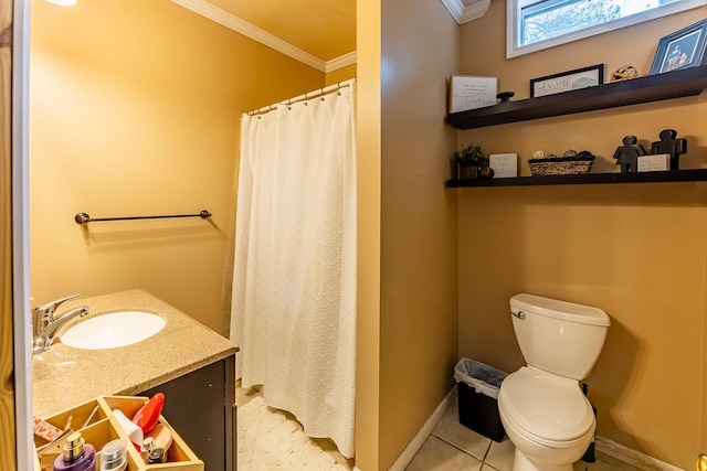 7016 Hyde Park Rd, Whitehall, MI 49461 - full bath with ornamental molding, toilet, a shower with shower curtain, vanity, and baseboards