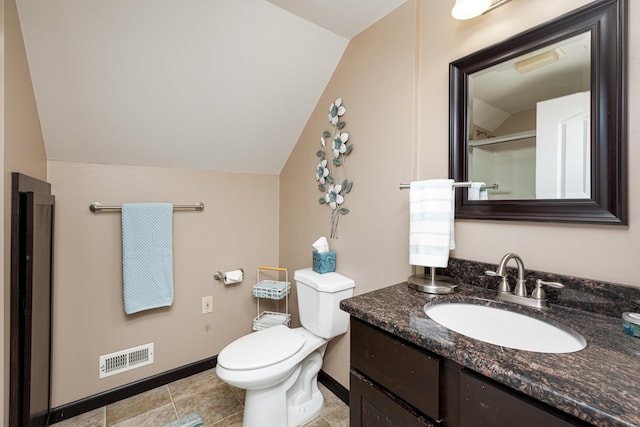 bathroom featuring visible vents, toilet, an enclosed shower, vaulted ceiling, and vanity