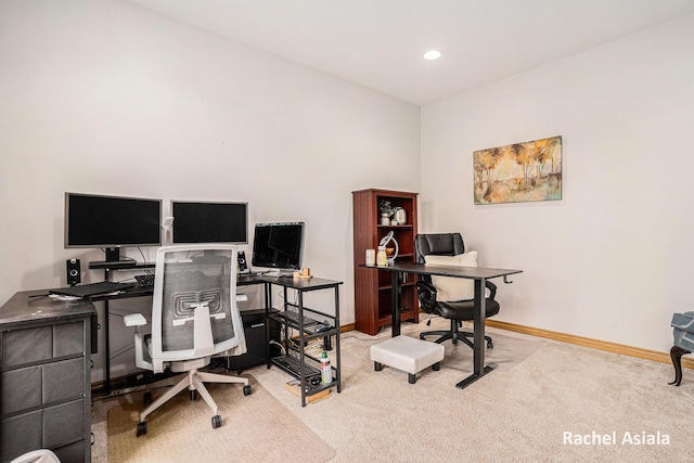 home office with recessed lighting, carpet flooring, and baseboards