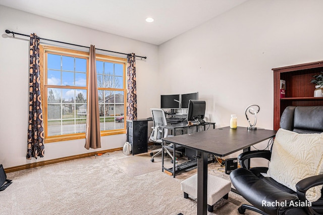 carpeted office featuring baseboards and recessed lighting