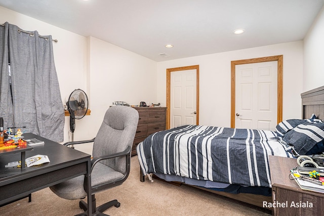 bedroom featuring recessed lighting, light carpet, and visible vents