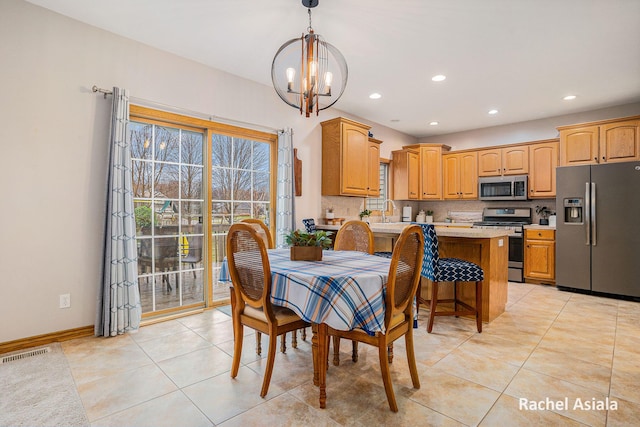 dining room featuring light tile patterned floors, baseboards, visible vents, a chandelier, and recessed lighting